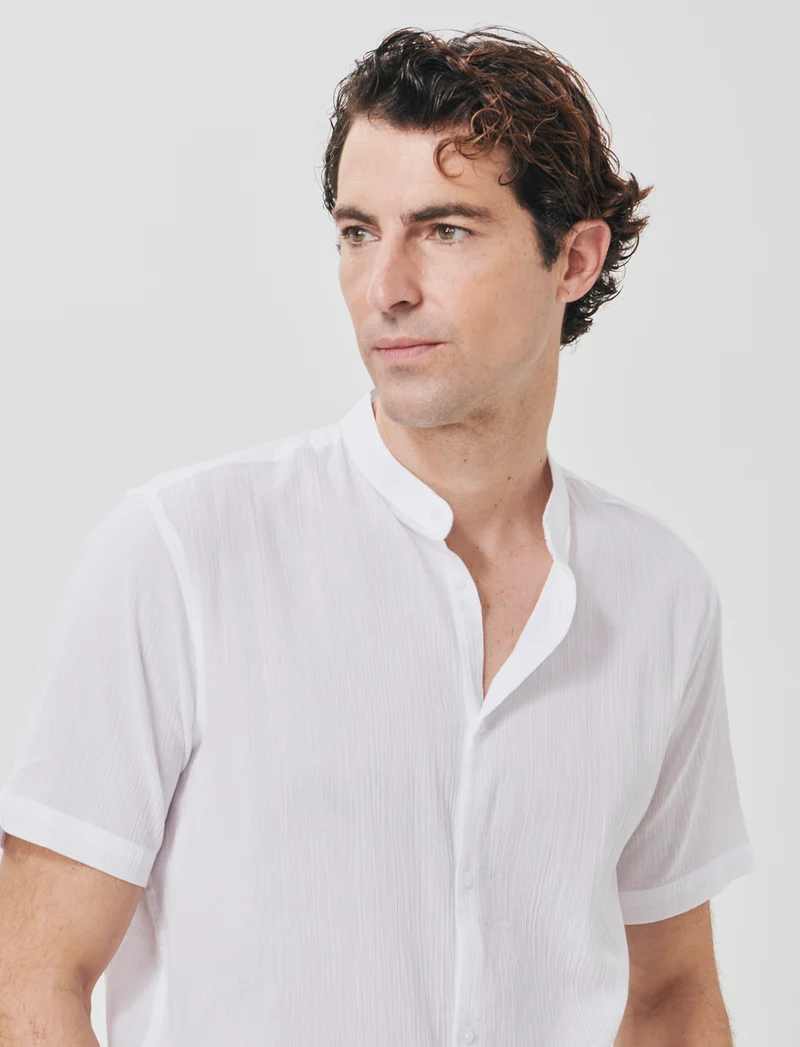 Camicia coreana effetto crepe cotone - Bianco
