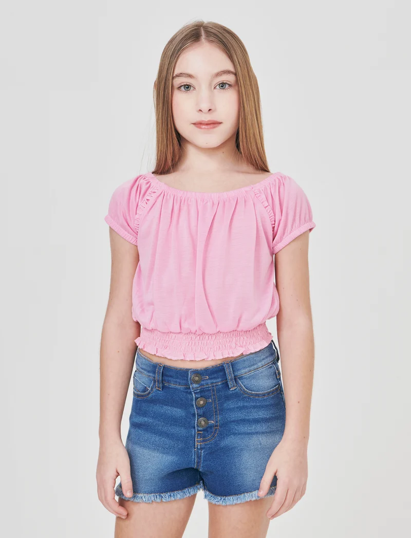 Top scollo a barca con elastico arricciato - Rosa