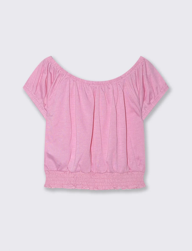Top scollo a barca con elastico arricciato - Rosa