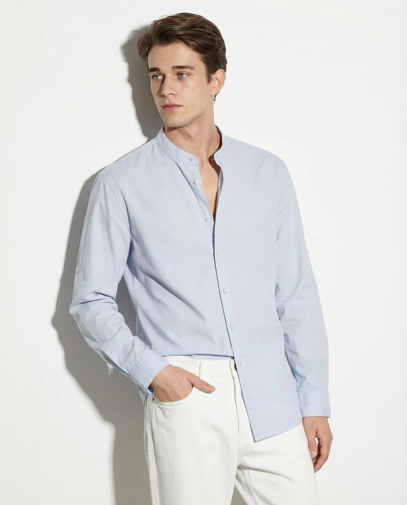 Camicia coreana in voile leggero - Celeste polvere