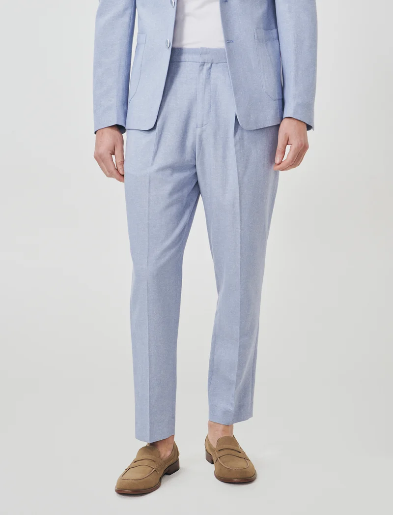 Pantaloni Jogger Misto Lino con Pinces - Celeste