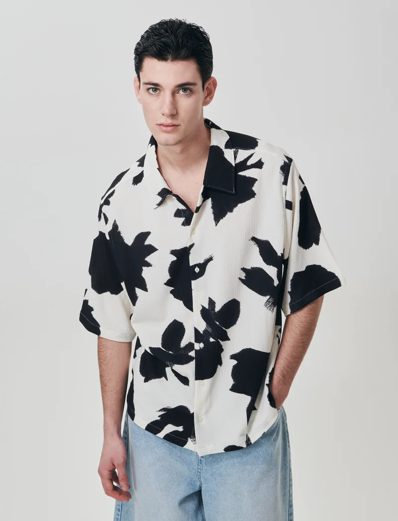 Camicia boxy fit jacquard astratto - Nero