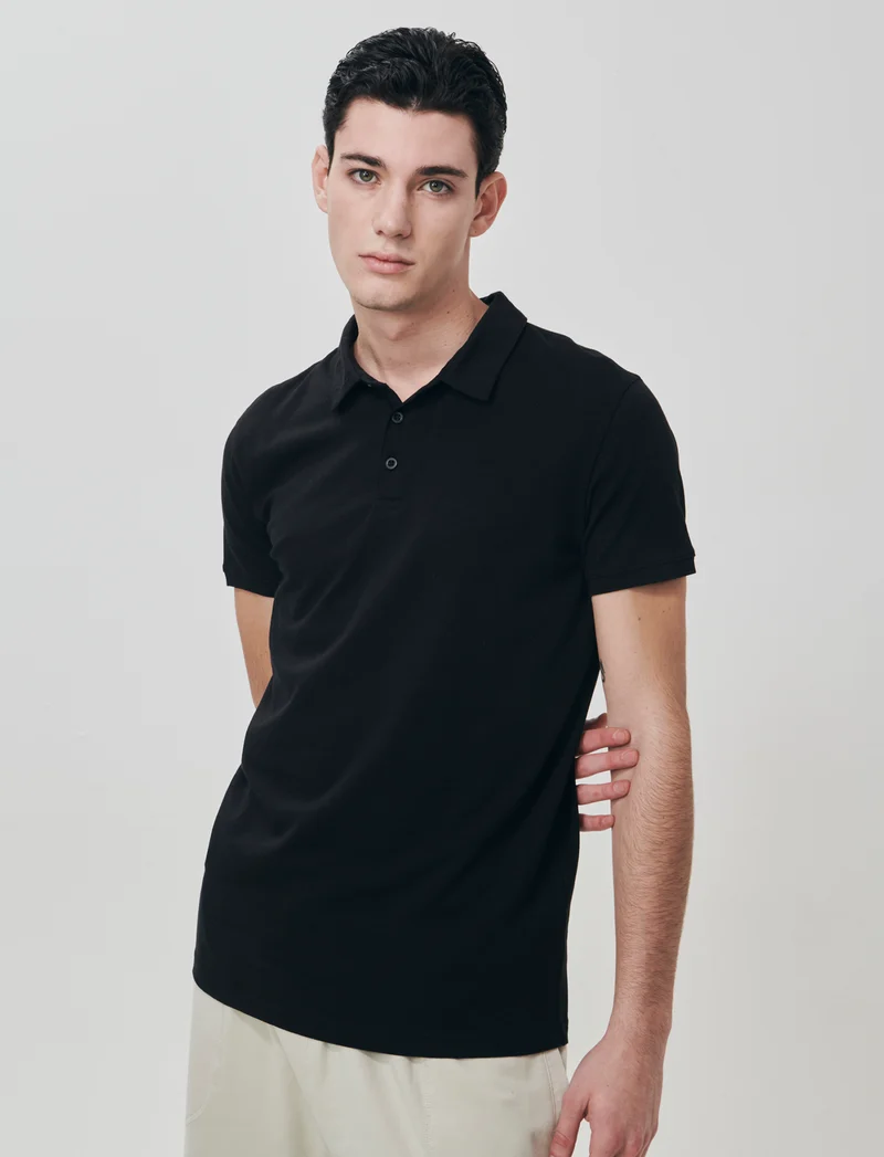 Polo Collo Derby in Cotone Elasticizzato - Nero