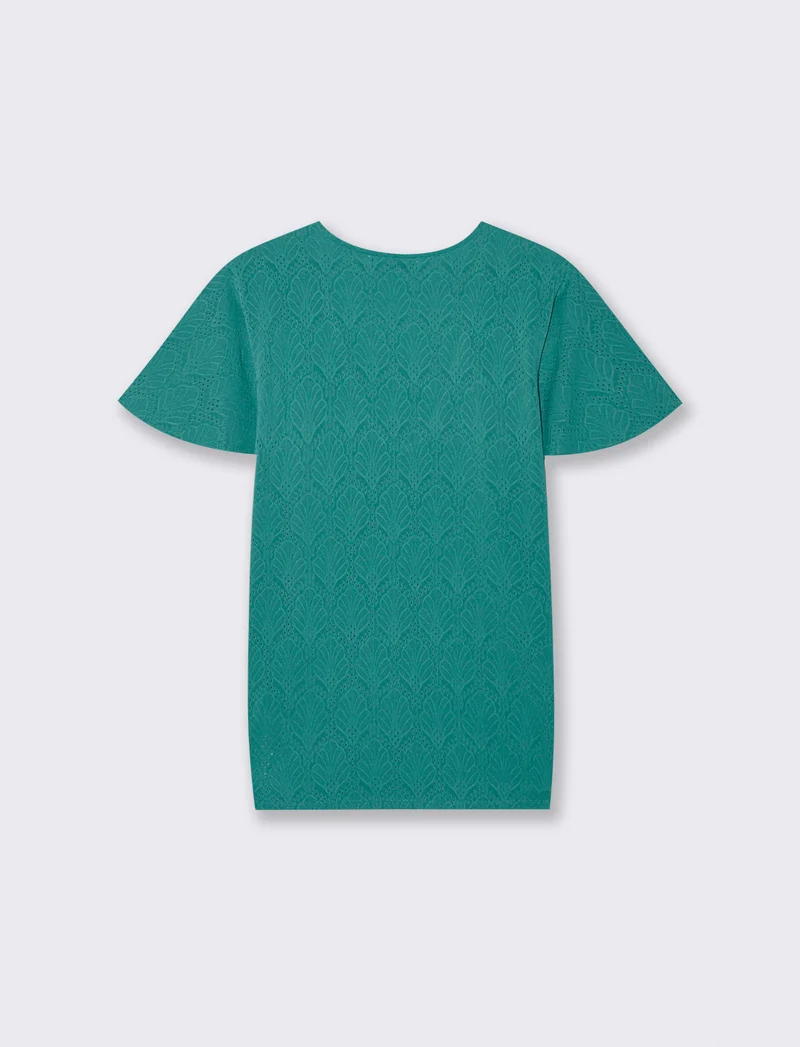 T-Shirt Scollo a V con Manica a Volant - Verde smeraldo