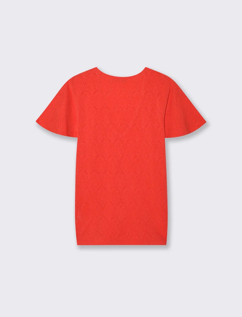 T-Shirt Scollo a V con Manica a Volant - Corallo