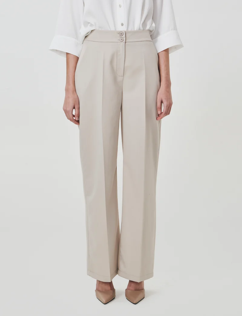 Pantalone Palazzo con Chiusura Doppio Bottone - Beige