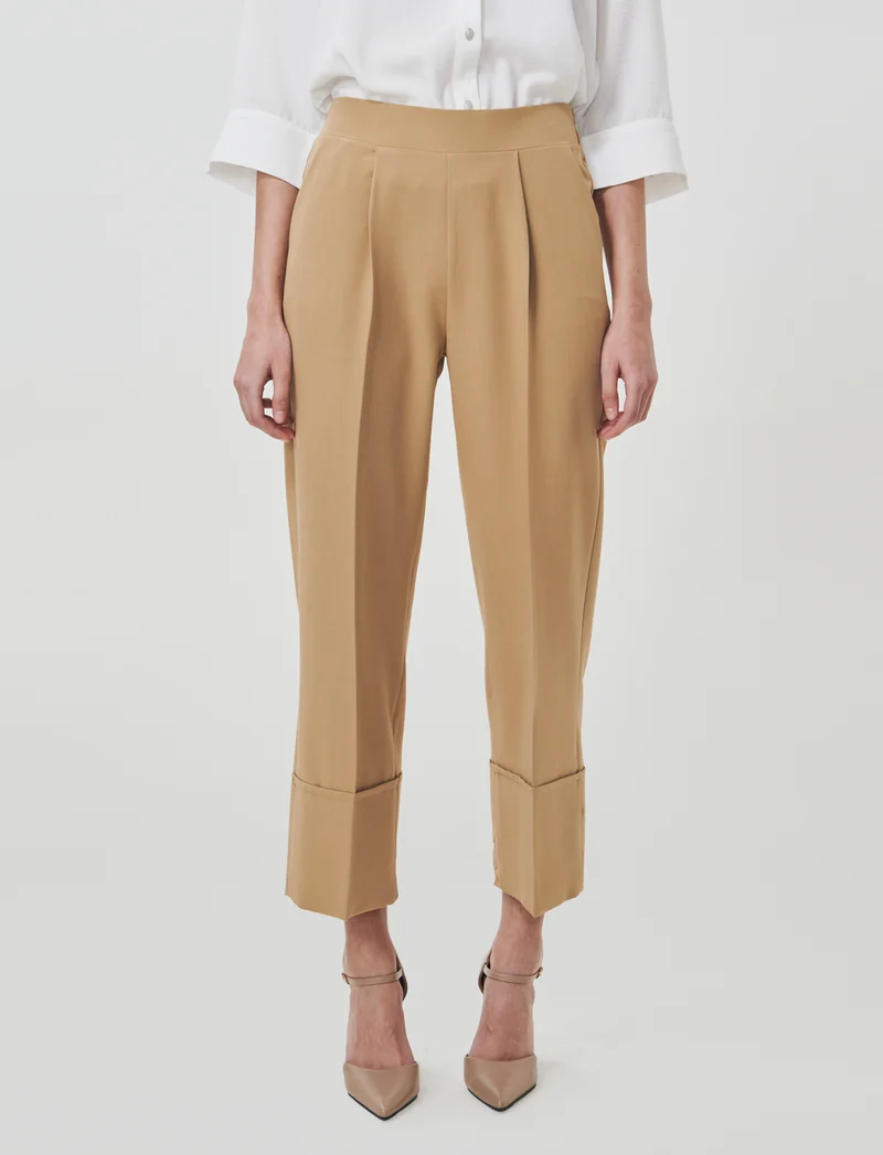 Pantalone Coulotte con Elastico e Risvolto - Sabbia