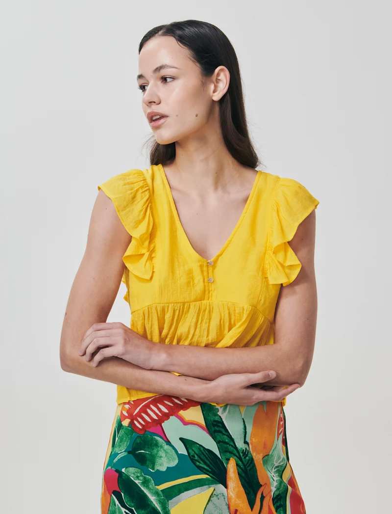 Top con Rouches e Scollo a V Sagomato - Giallo limone