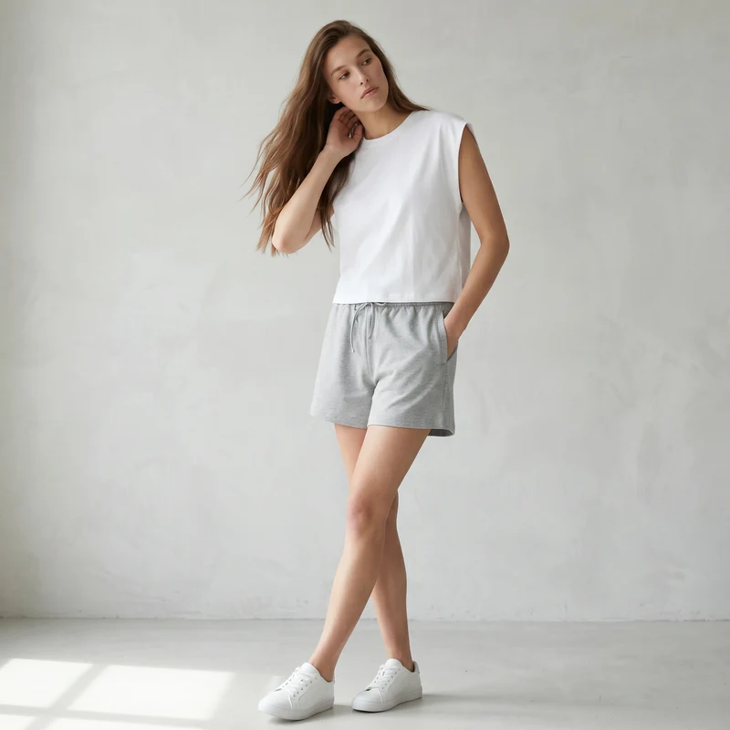 Short in cotone con coulisse e tasche - Grigio chiaro mel.