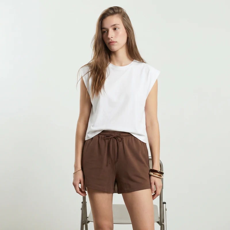 Short in cotone con coulisse e tasche - Marrone cioccolato