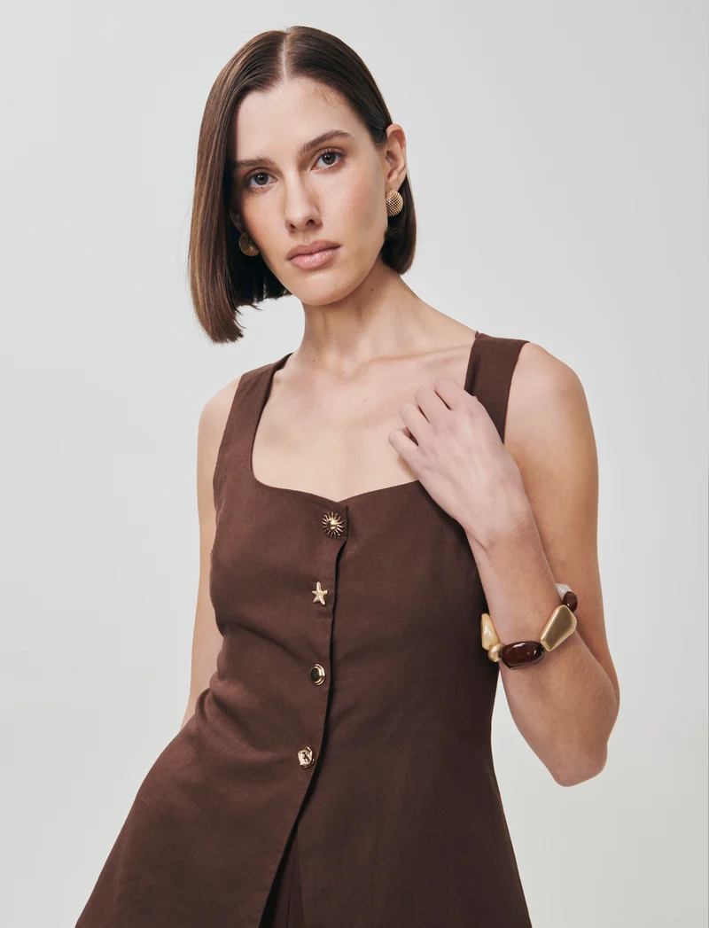 Gilet con Scollo Quadrato e Bottoni - Marrone cioccolato