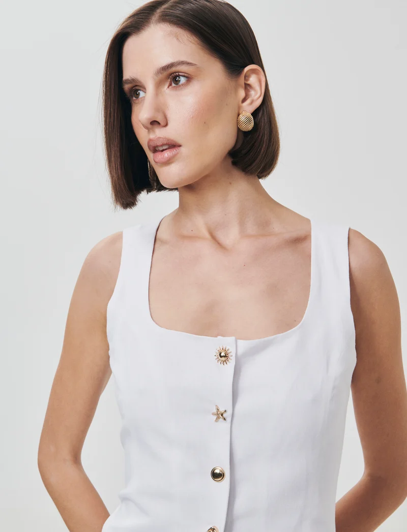 Gilet con Scollo Quadrato e Bottoni - Bianco