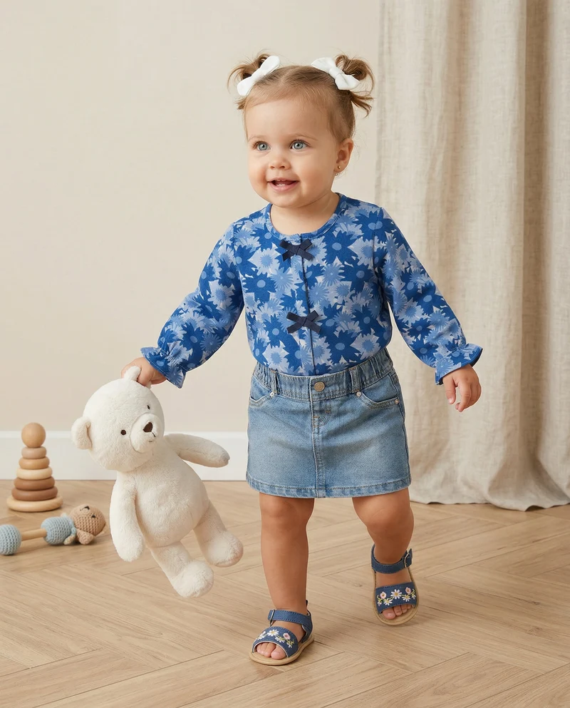 Camicia manica lunga a fantasia con fiocchetti - Blu
