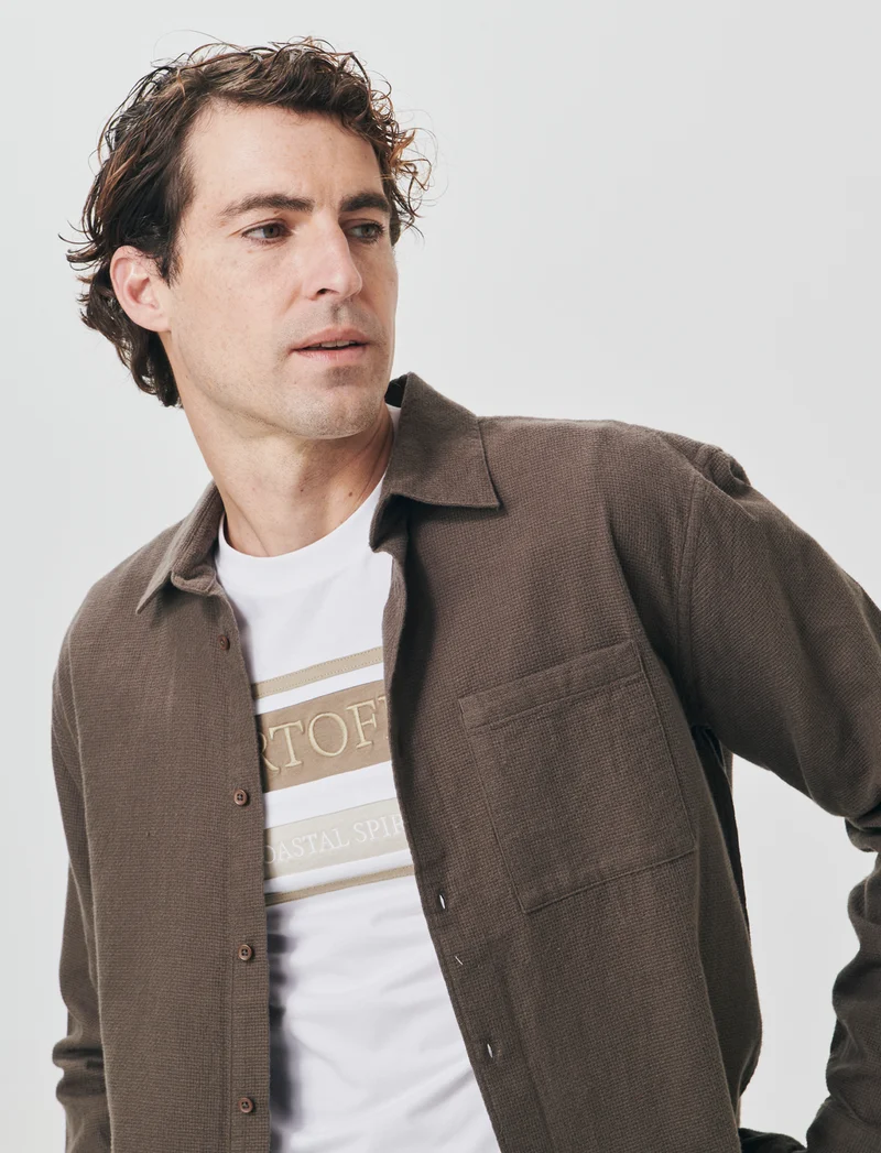 Camicia cropped in cotone waffle - Grigio fango