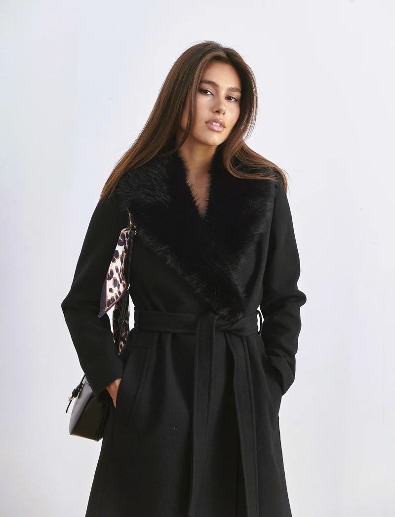 CAPPOTTO LUNGO CON COLLO IN FINTA PELLICCIA - Nero