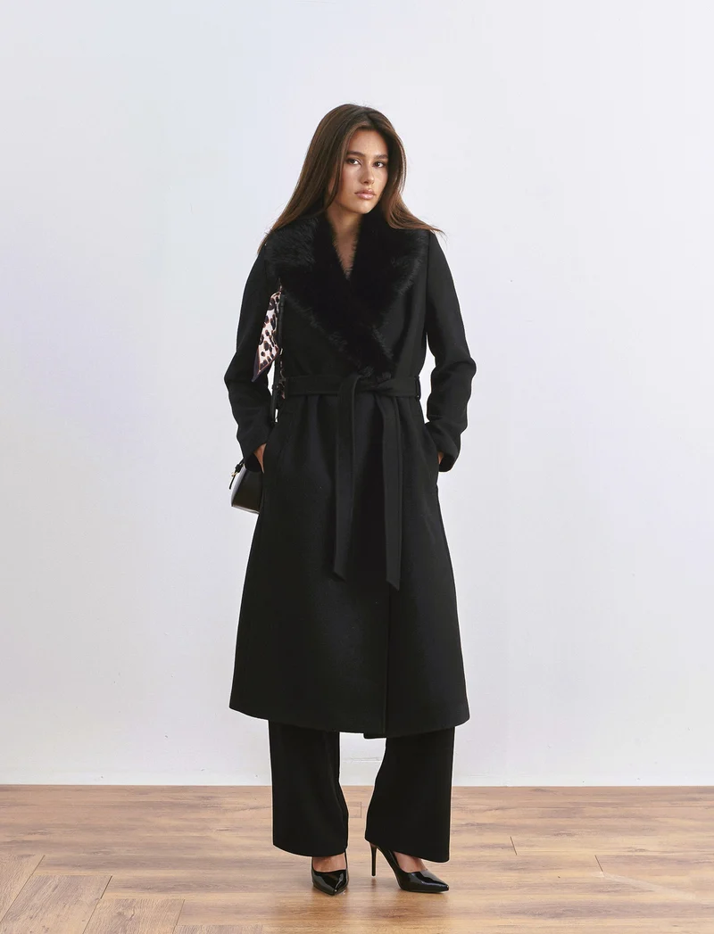 CAPPOTTO LUNGO CON COLLO IN FINTA PELLICCIA - Nero