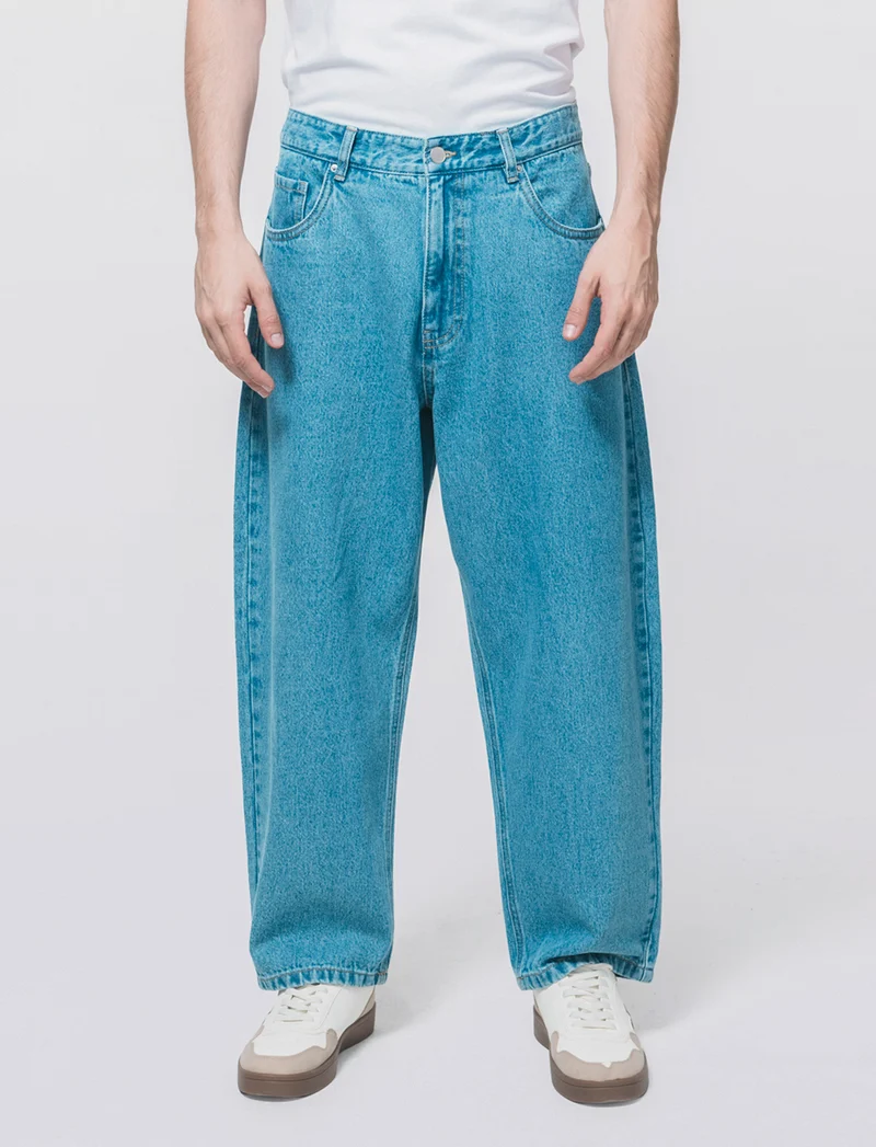 Jeans Tapered Wide Leg Effetto Slavato - Denim