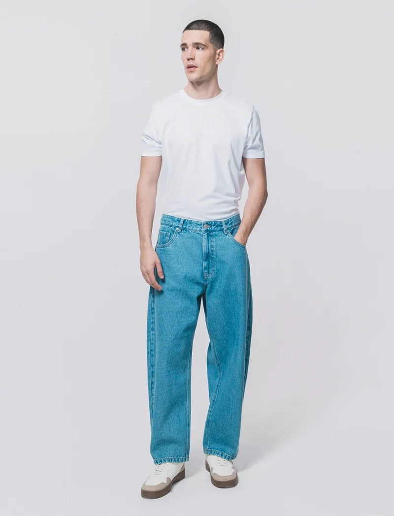 Jeans Tapered Wide Leg Effetto Slavato - Denim