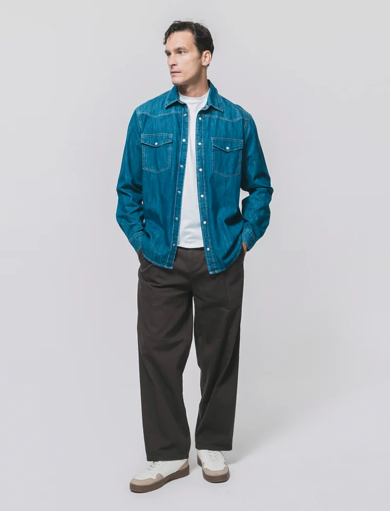 Camicia denim regular fit con tasche - DENIM SCURO