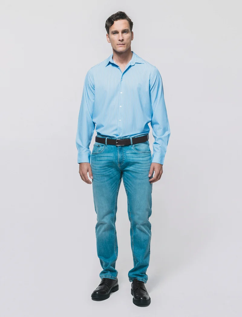 Camicia slim fit a righe in tessuto tecnico - Azzurro