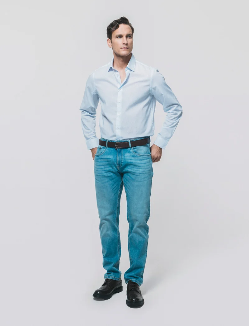 Camicia Regular Fit Micro Fantasia - Azzurro