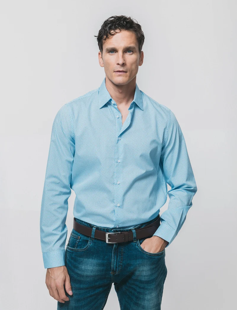 Camicia Regular Fit Micro Fantasia - Celeste