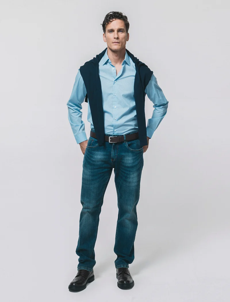 Camicia Regular Fit Micro Fantasia - Celeste
