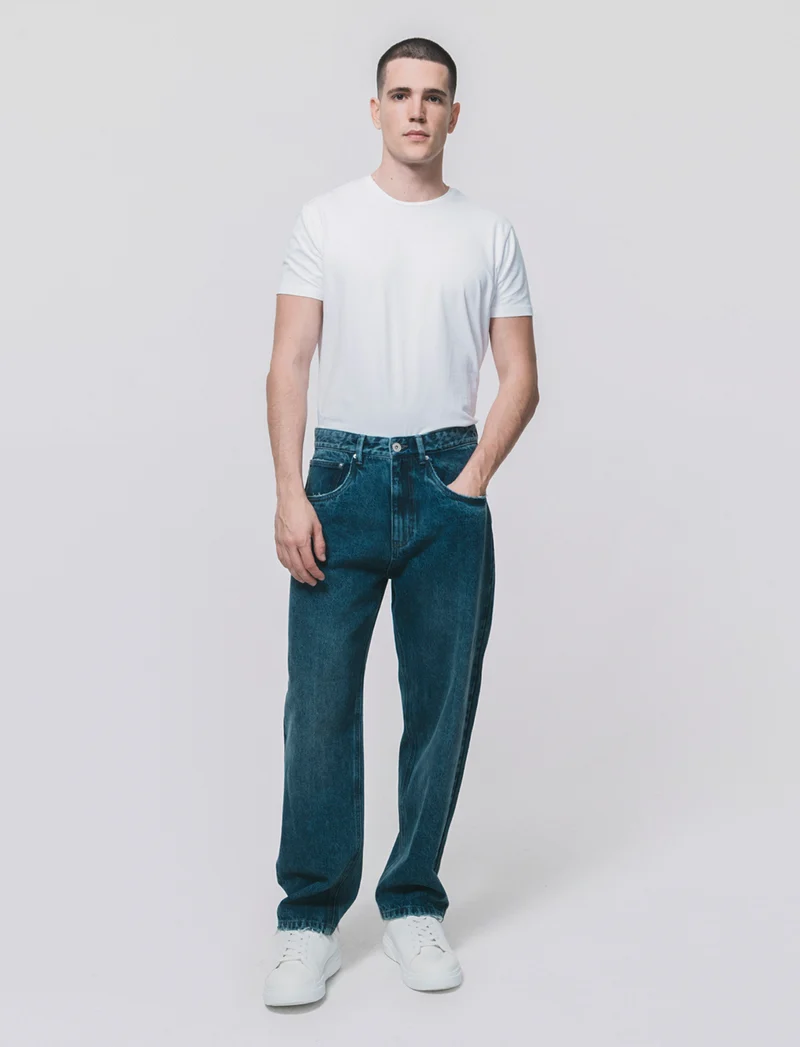 Jeans Baggy Fit Blu Scuro Effetto Slavato - DENIM SCURO