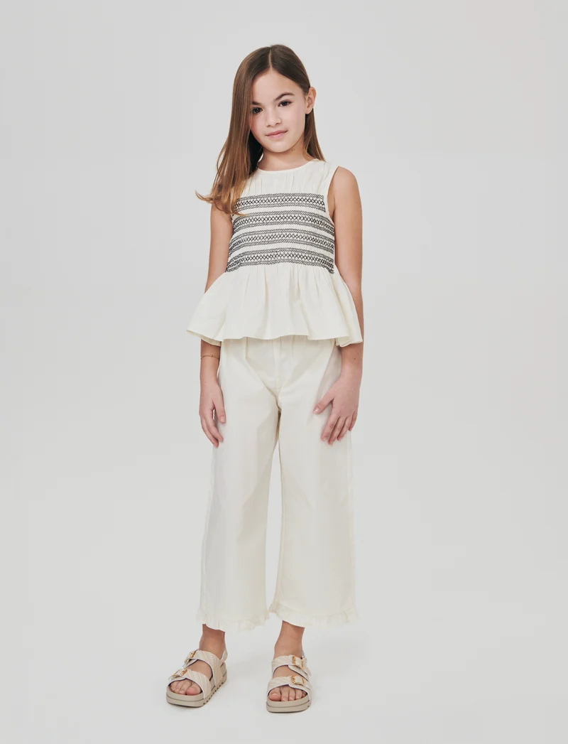 Camicia in cotone con rouches e smock - Beige