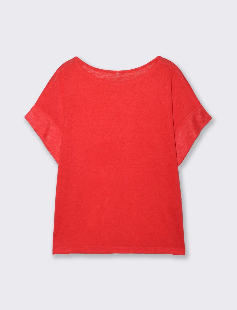 T-Shirt con Strass e Scollo a Barca - Corallo