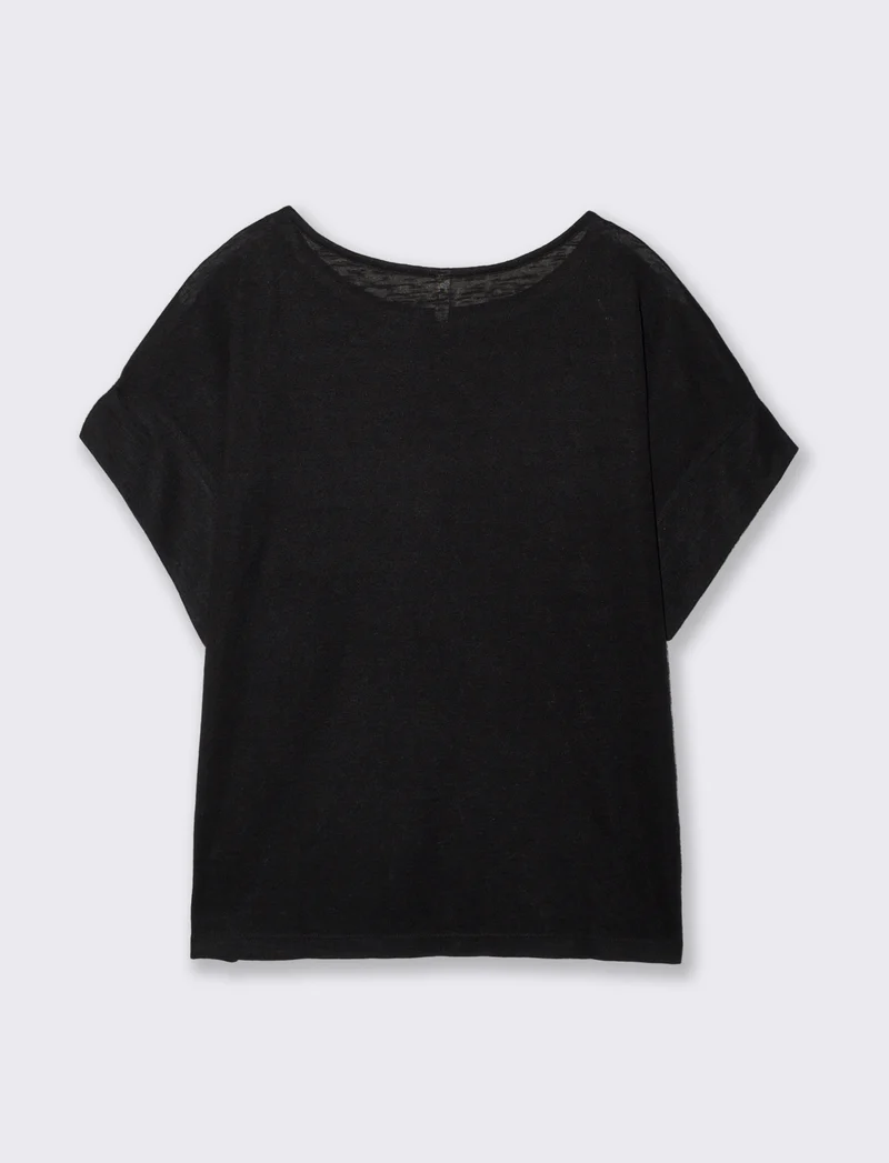 T-Shirt con Strass e Scollo a Barca - Nero