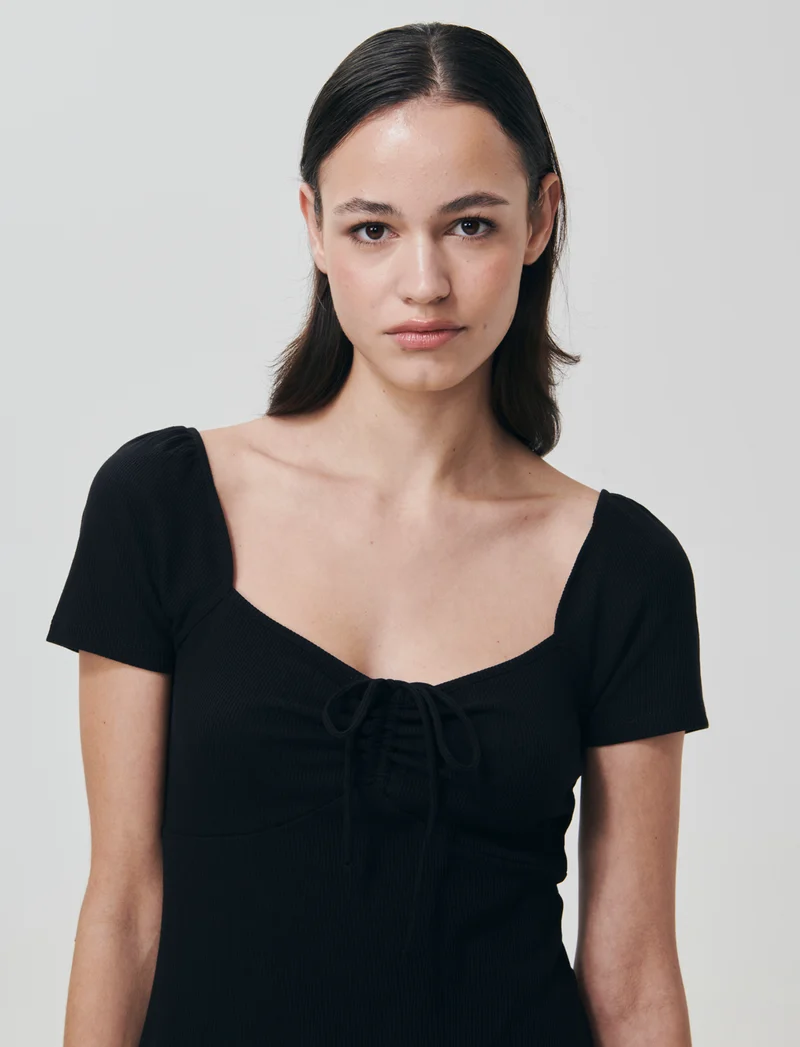 Vestito Corto a Coste con Manica Aletto - Nero