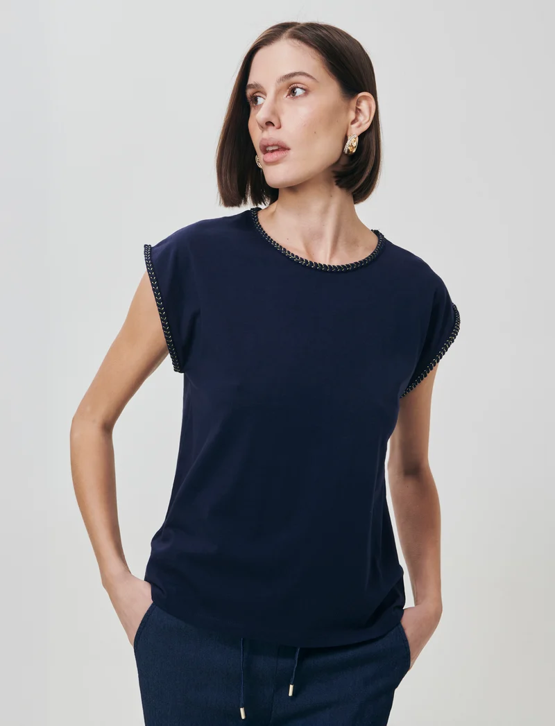 T-Shirt Cotone Manica Corto con Trim - Blu