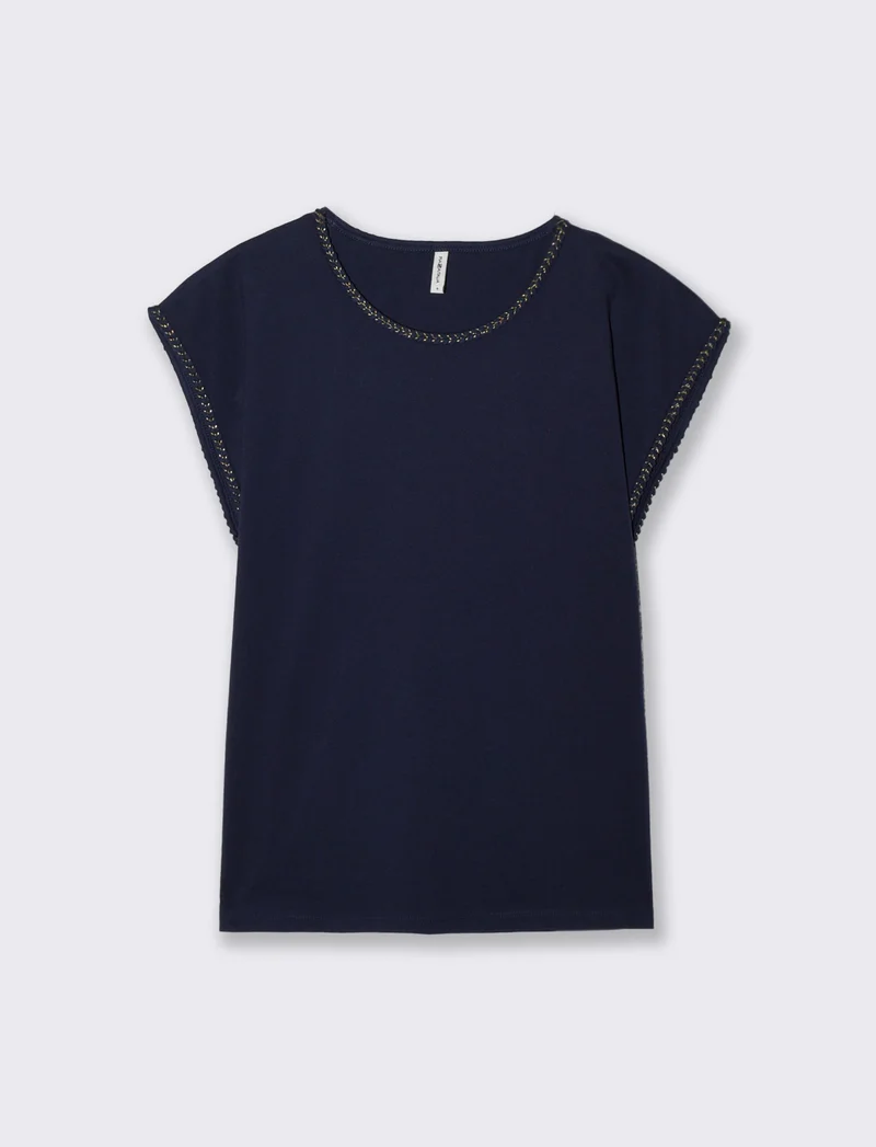 T-Shirt Cotone Manica Corto con Trim - Blu