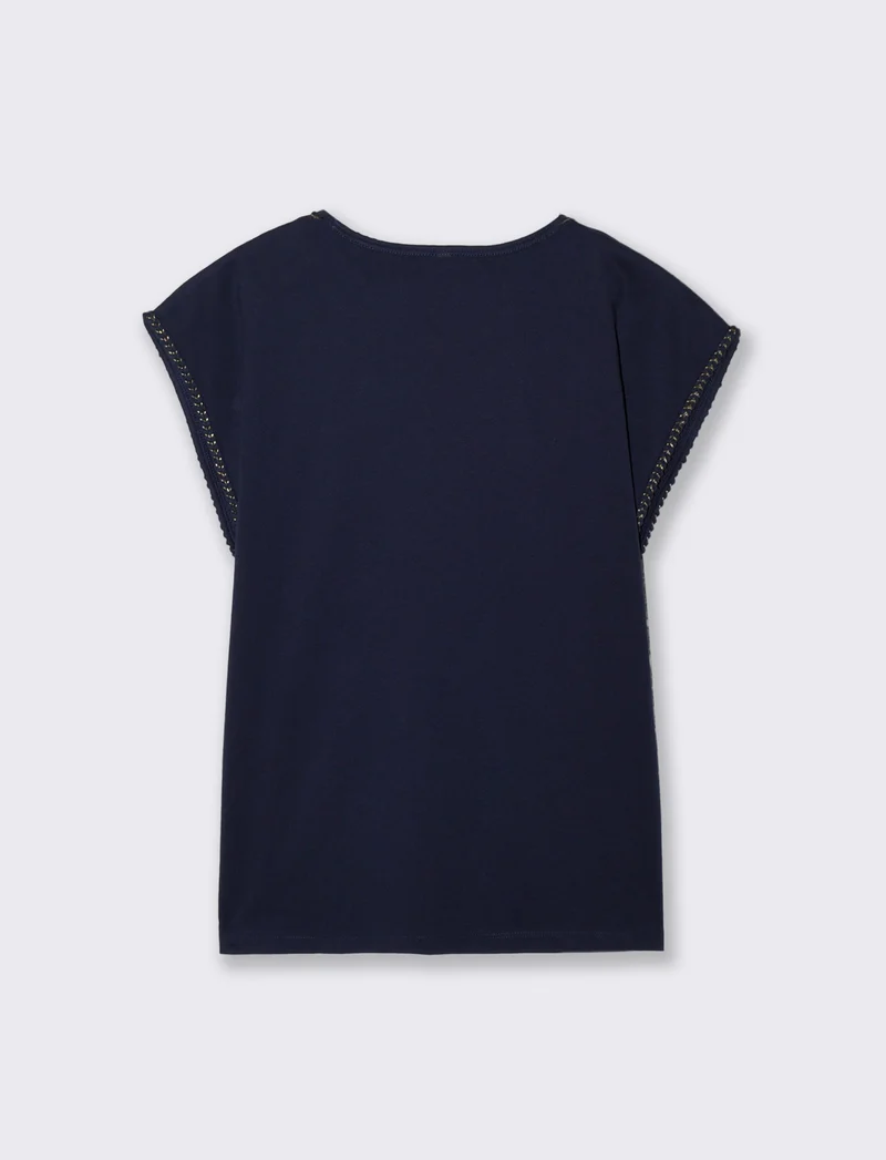 T-Shirt Cotone Manica Corto con Trim - Blu
