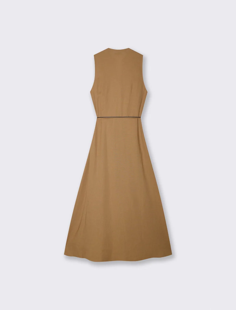 Vestito lungo giro manica con cintura - Cammello