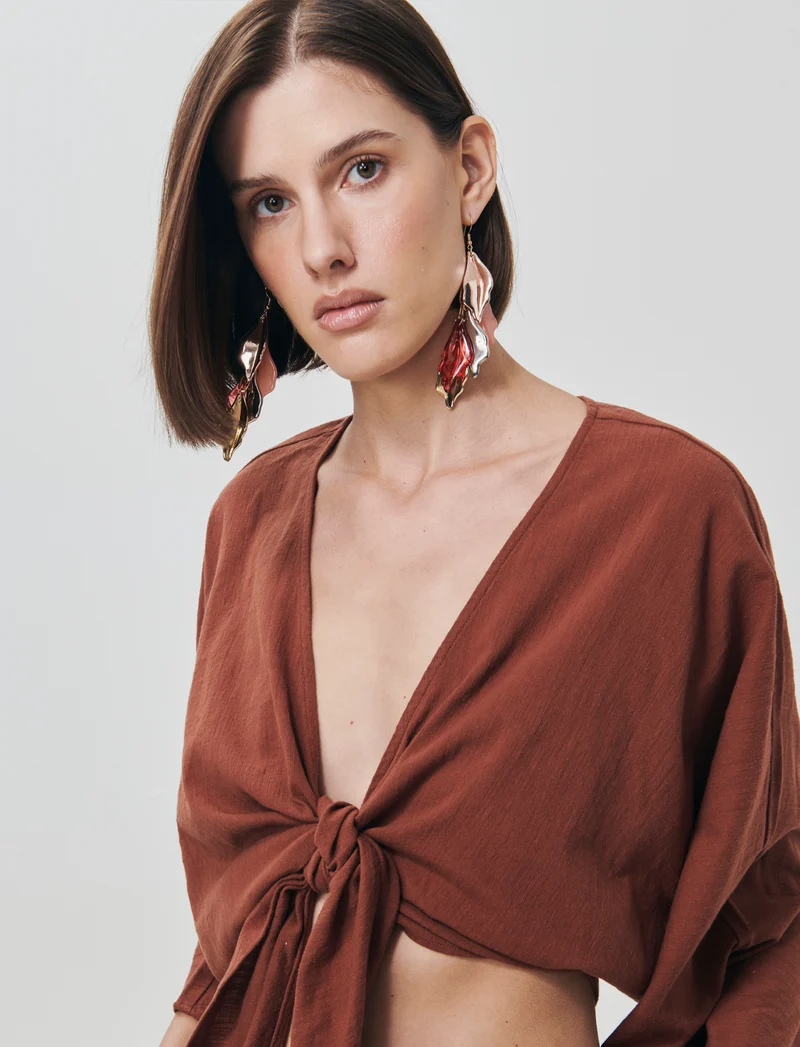 Casacca Kimono in Cotone con Nodo - Cognac