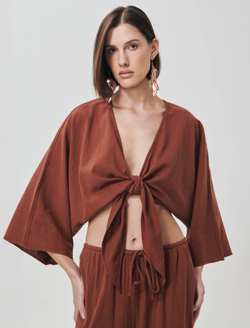 Casacca Kimono in Cotone con Nodo - Cognac