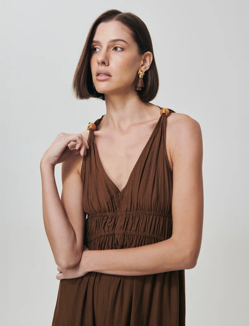 Vestito lungo con scollo a V e arricciato - Marrone tabacco