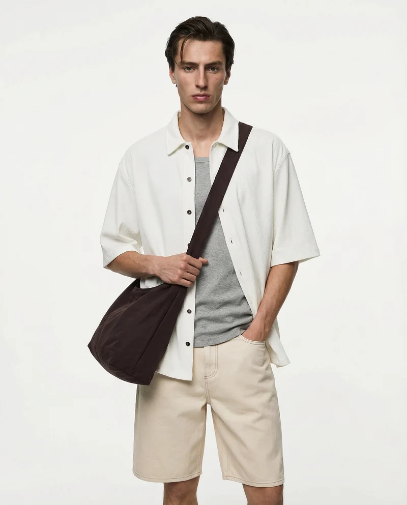 Camicia jacquard manica corta boxy fit - Bianco sporco