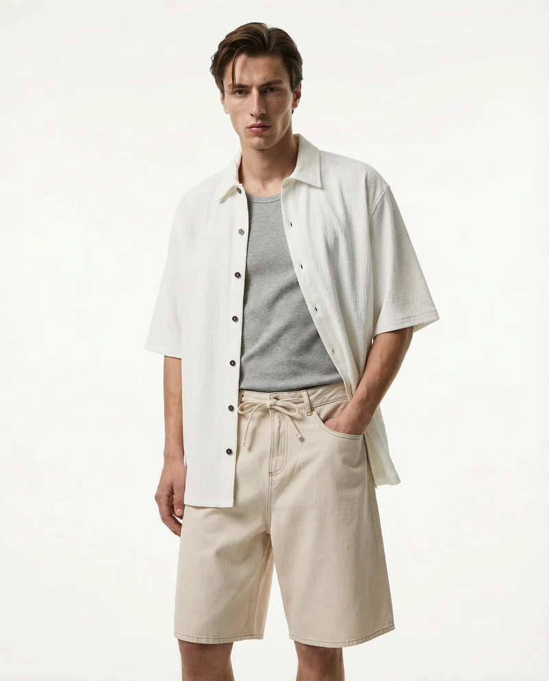 Camicia jacquard manica corta boxy fit - Bianco sporco