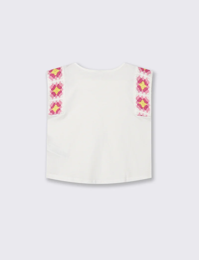 T-Shirt Cotone con Maniche Crochet - Bianco latte