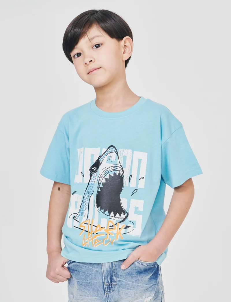T-shirt mezza manica shark attack - Azzurro