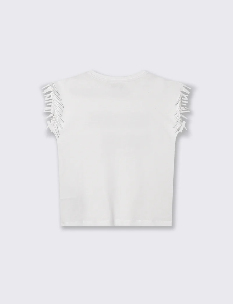 T-shirt con frange e paillettes da bambina - Bianco
