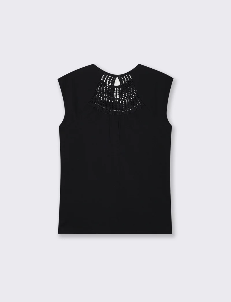 Top con pizzo e inserti sullo scollo - Nero