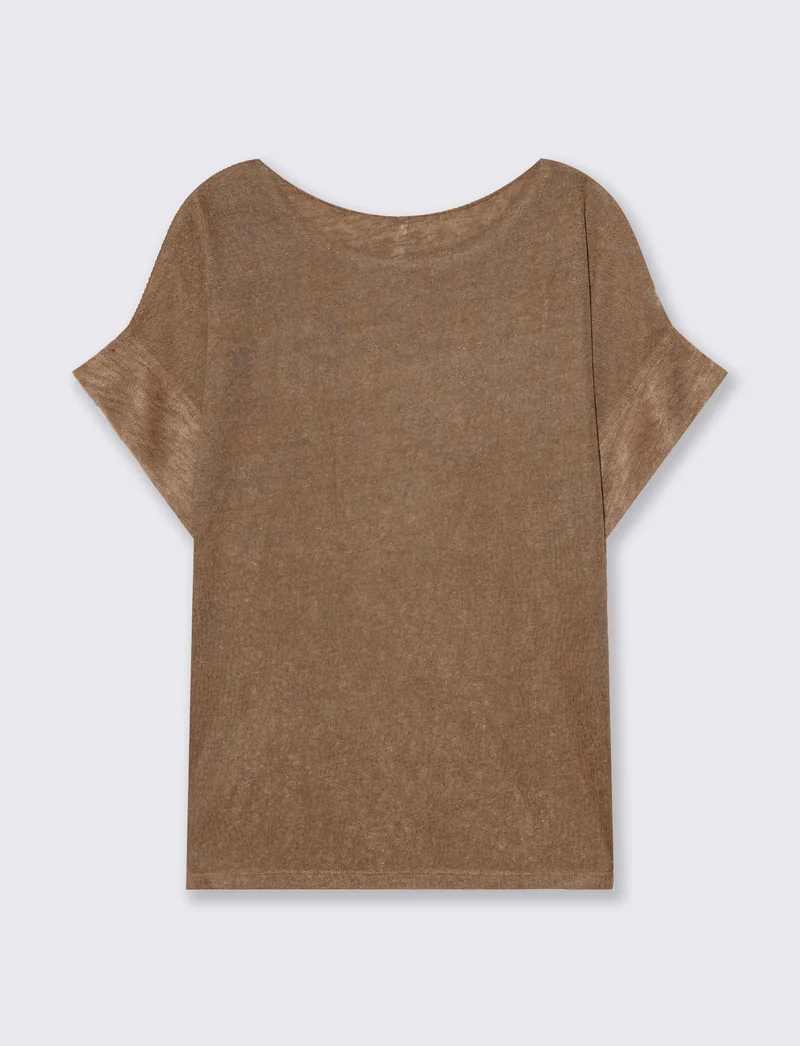 T-Shirt con Strass e Scollo a Barca - Cammello