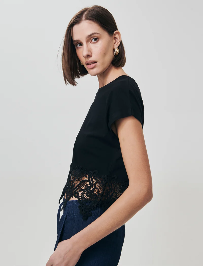 T-Shirt in Cotone con Pizzo al Fondo - Nero