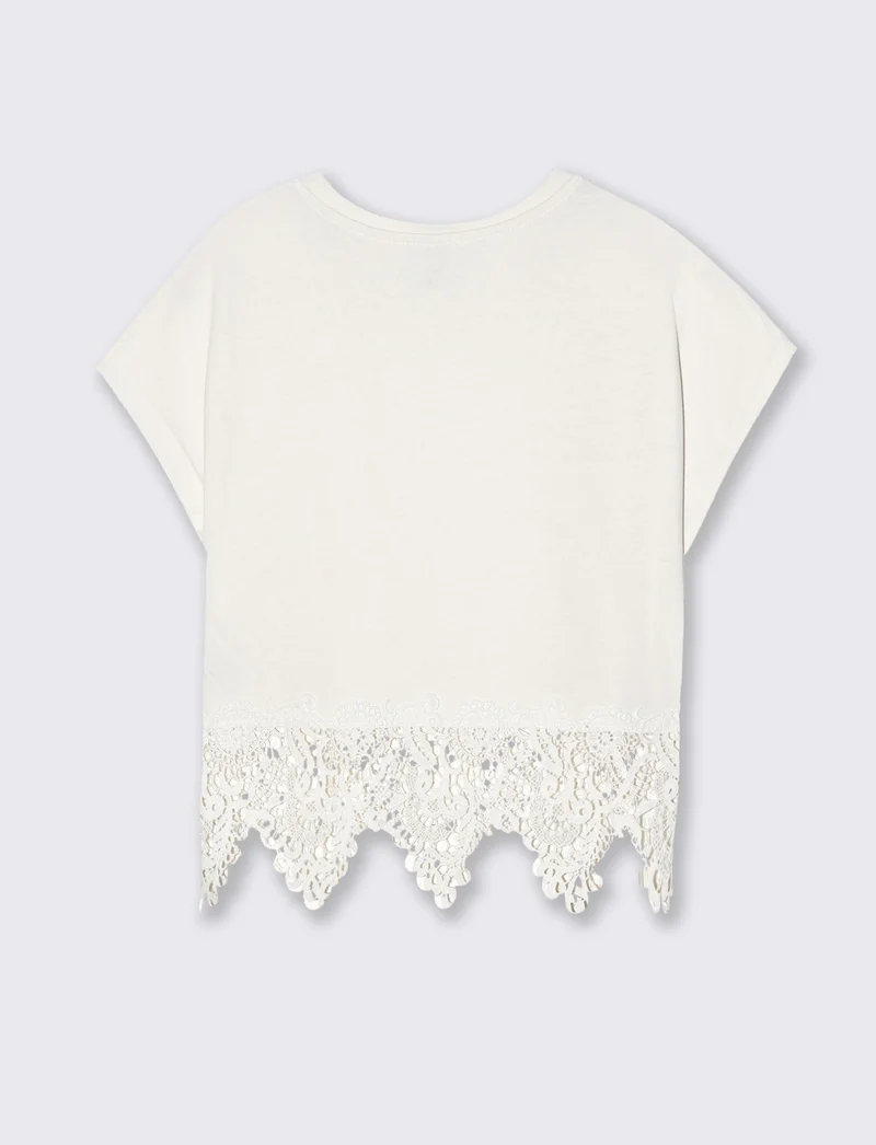 T-Shirt in Cotone con Pizzo al Fondo - Avorio