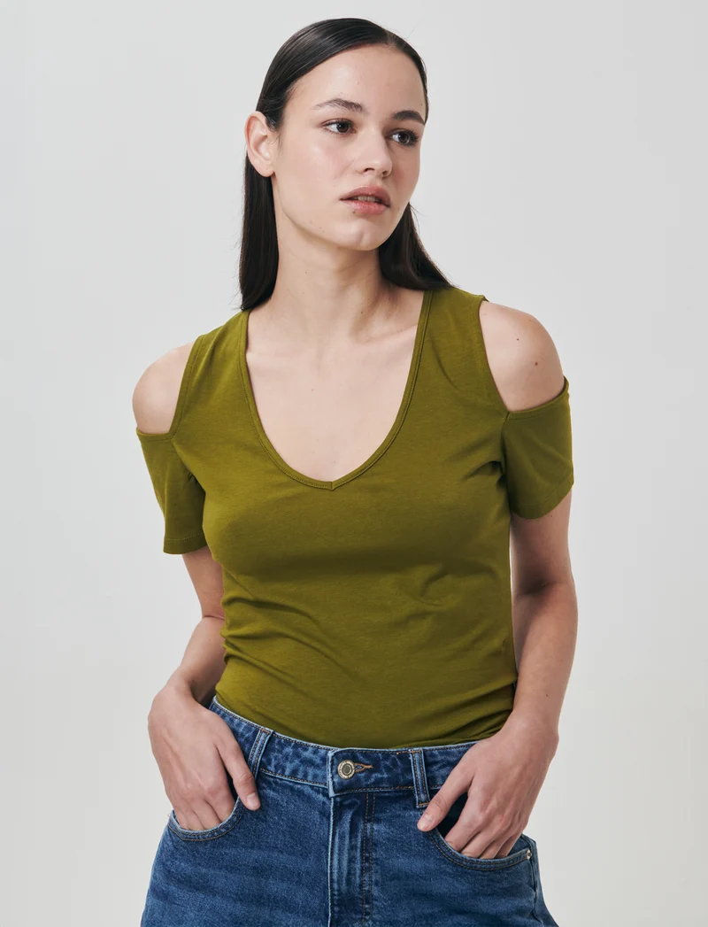 T-Shirt Scollo a V con Apertura - Verde abete