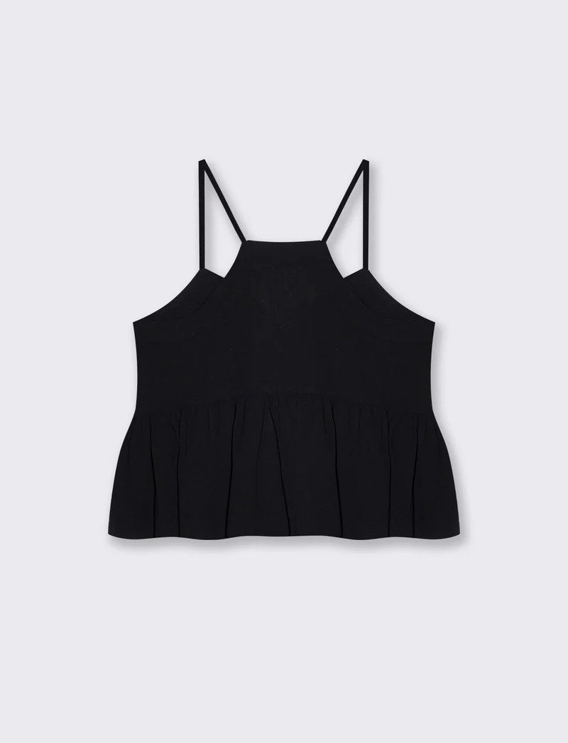 Top Arricciato con Spalline in Cotone - Nero